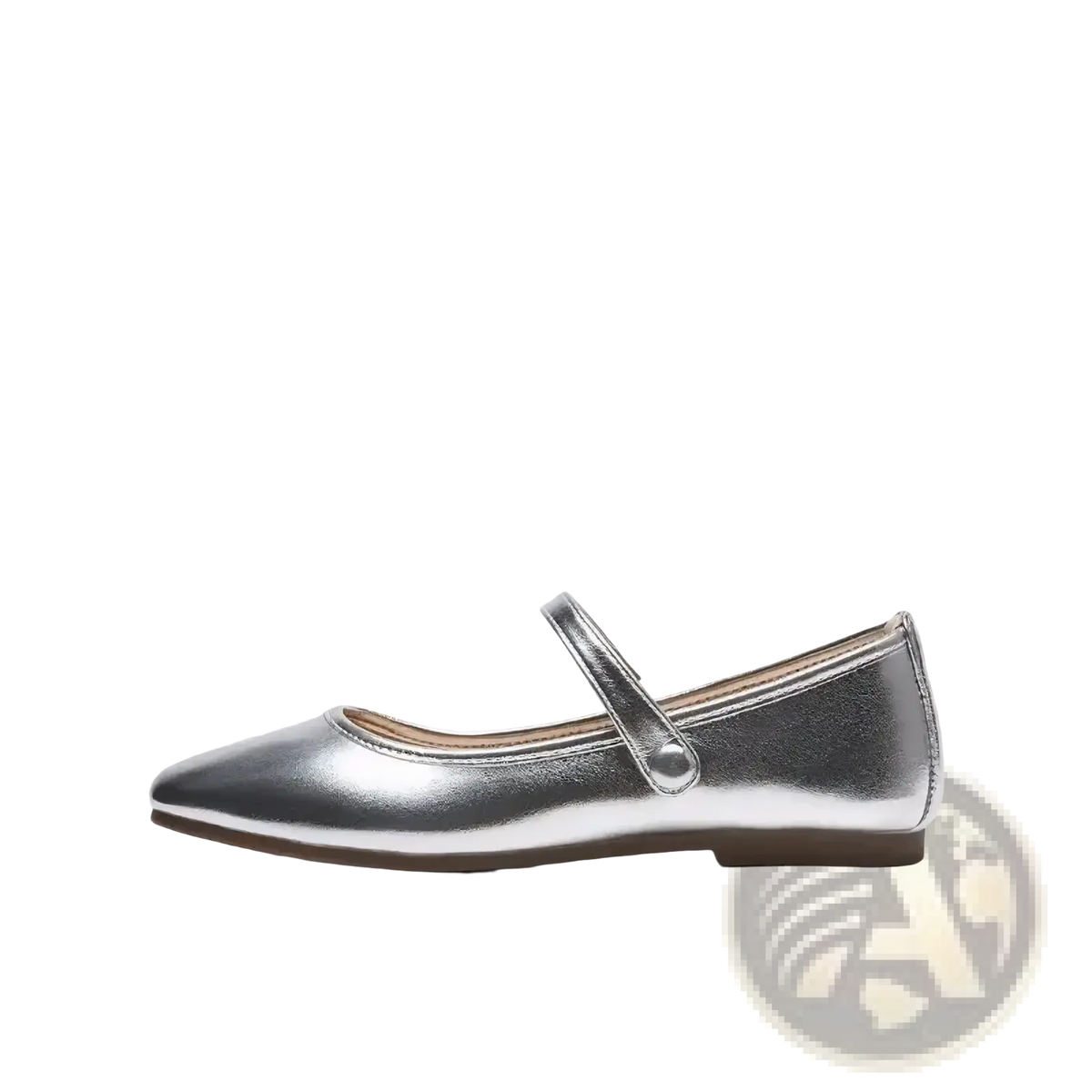 Silver metallic leather flat shoe with pointed toe and strap across instep in burgundy mary jane style