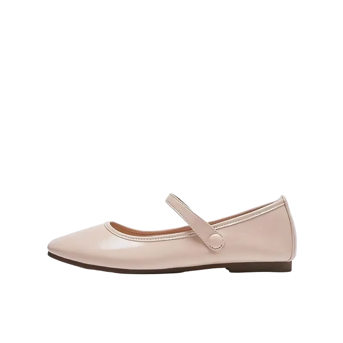 A sleek nude patent leather mary jane flat shoe with a simple strap and button closure from Burgundy collection