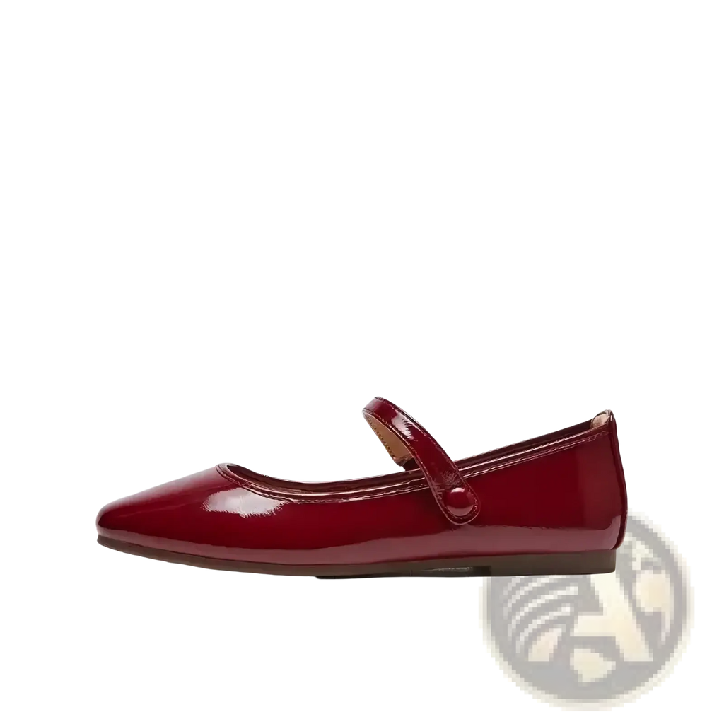 Burgundy mary jane leather flat shoe with glossy patent finish, rounded toe, and single strap across the instep