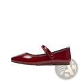 Burgundy mary jane leather flat shoe with glossy patent finish, rounded toe, and single strap across the instep