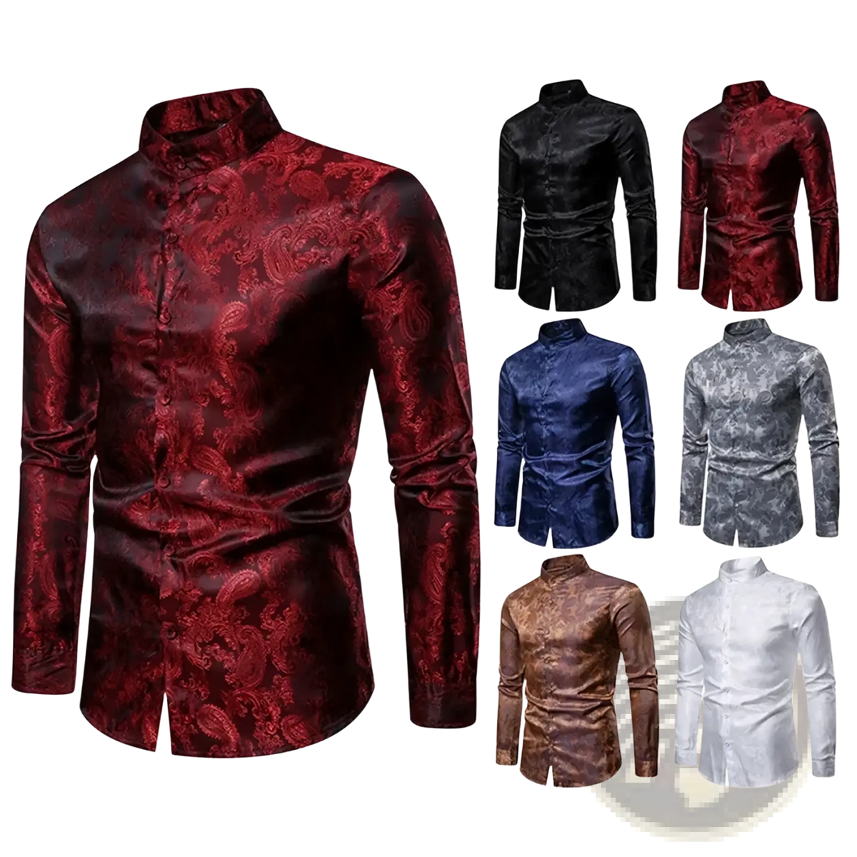 A rich burgundy satin shirt with an intricate paisley pattern and a mandarin collar
