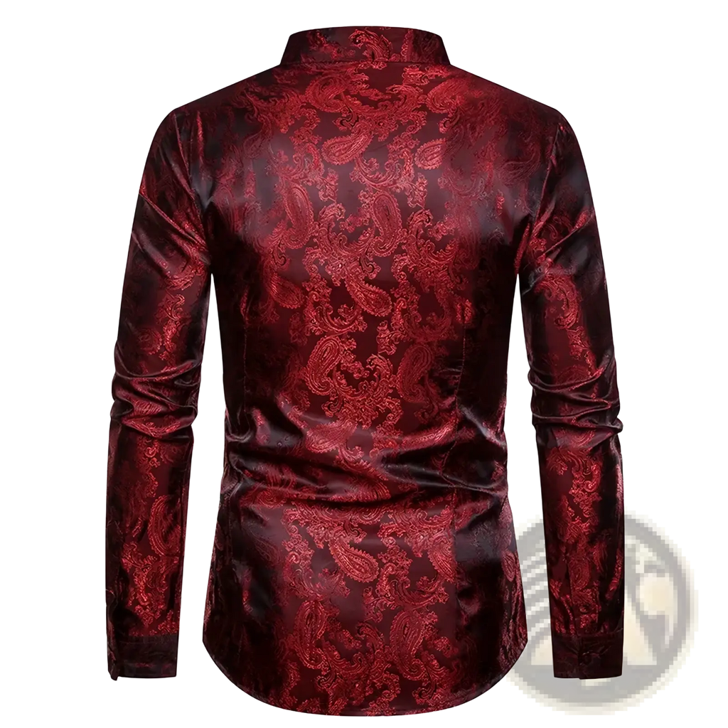 Burgundy paisley mandarin satin shirt with intricate darker red pattern, long sleeves, and stand-up collar