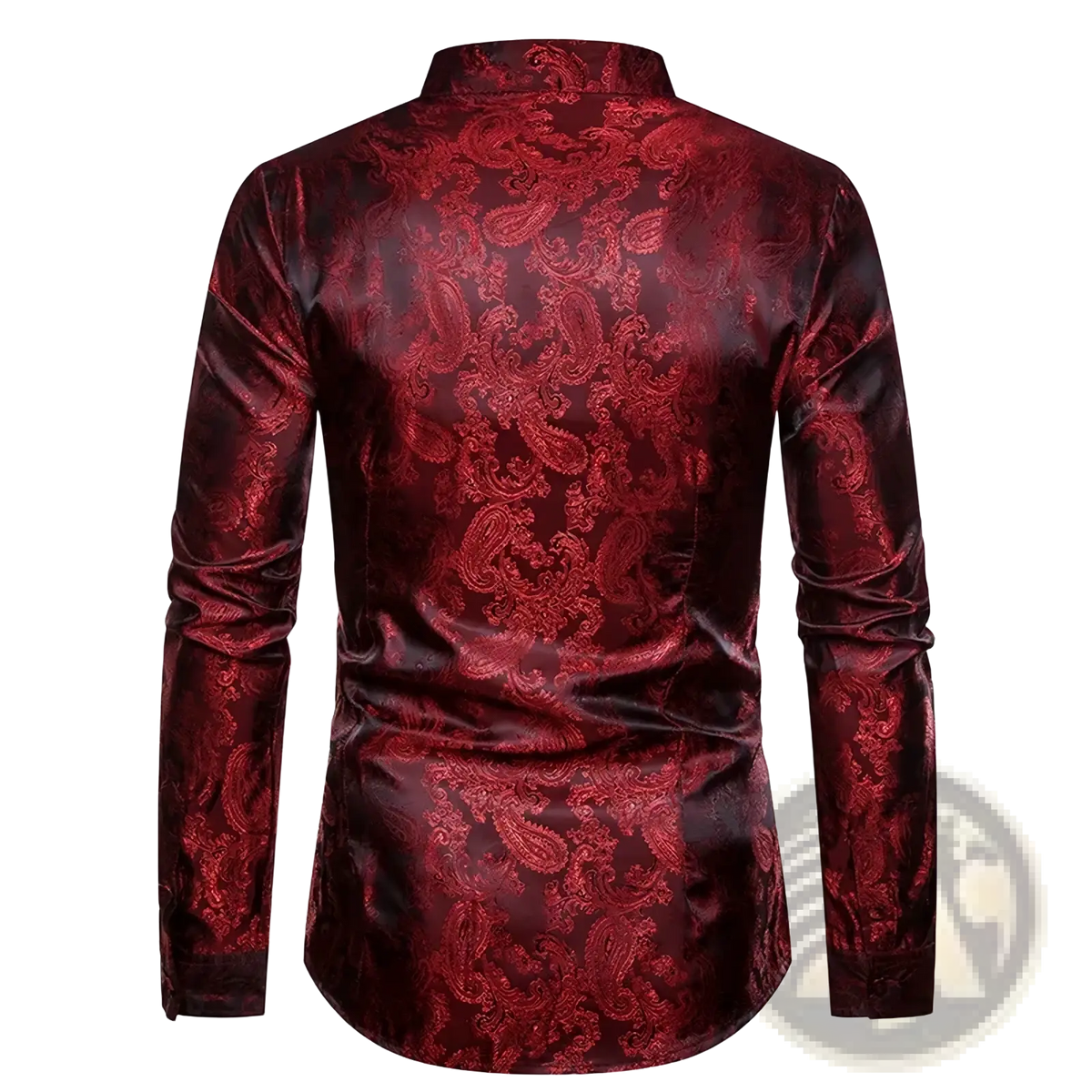 Burgundy paisley mandarin satin shirt with intricate darker red pattern, long sleeves, and stand-up collar