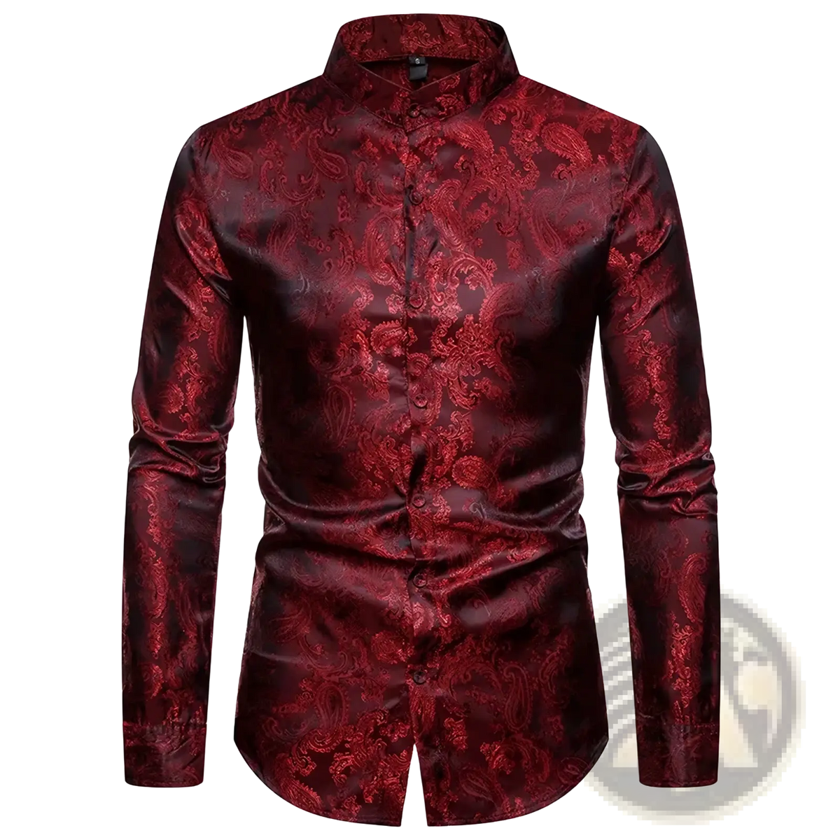 Burgundy paisley mandarin satin shirt featuring a rich burgundy color and subtle intricate deeper red paisley pattern