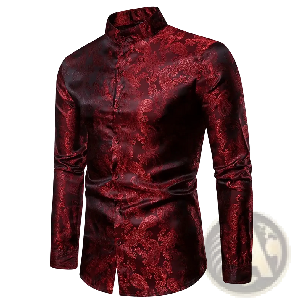 Burgundy paisley mandarin satin shirt featuring a rich burgundy color with a subtle paisley pattern and mandarin collar