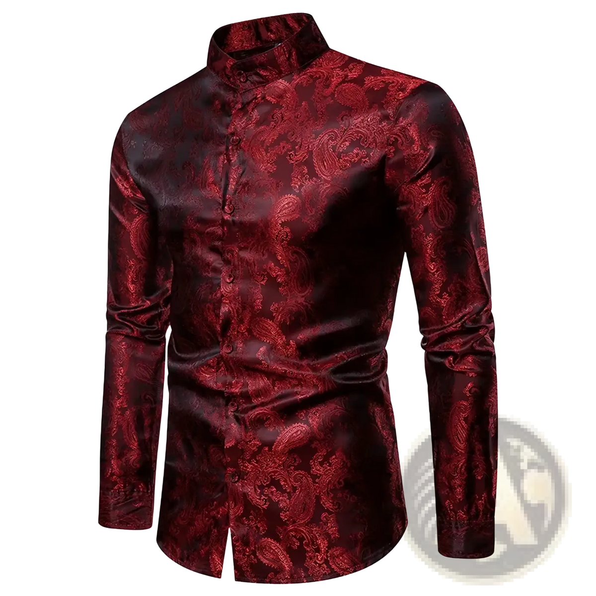 Burgundy paisley mandarin satin shirt featuring a rich burgundy color with a subtle paisley pattern and mandarin collar
