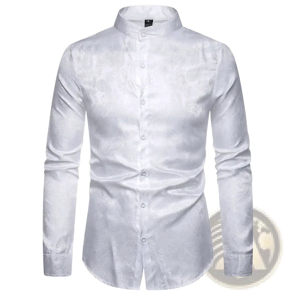 A sleek white men’s satin shirt with a subtle paisley pattern and a mandarin collar in burgundy accents