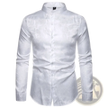 A sleek white men’s satin shirt with a subtle paisley pattern and a mandarin collar in burgundy accents