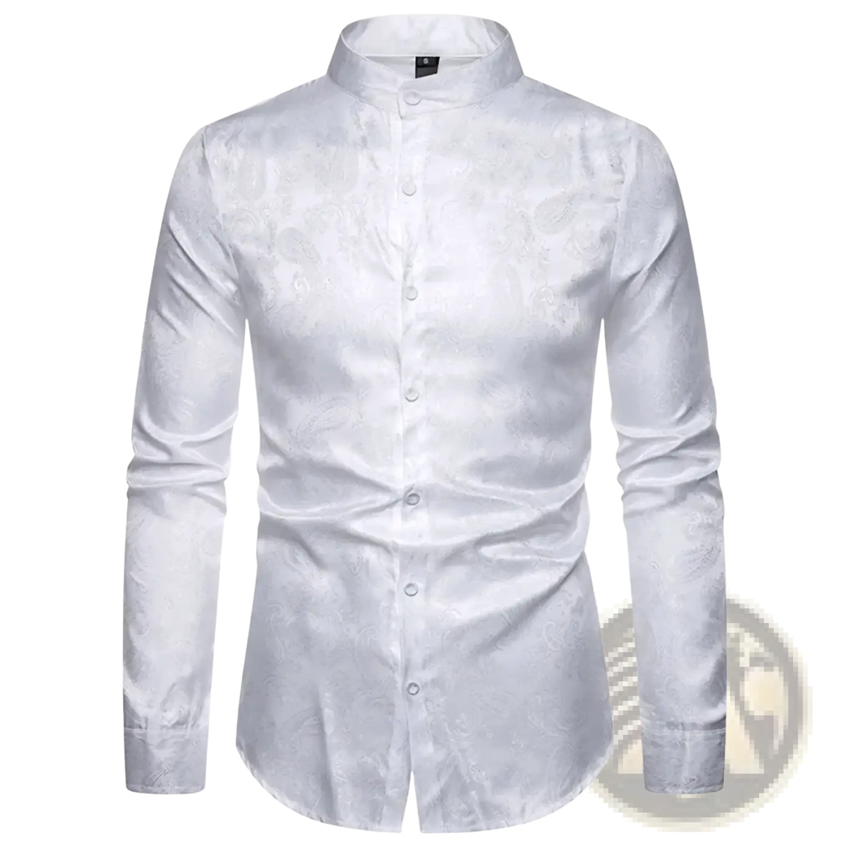 A sleek white men’s satin shirt with a subtle paisley pattern and a mandarin collar in burgundy accents
