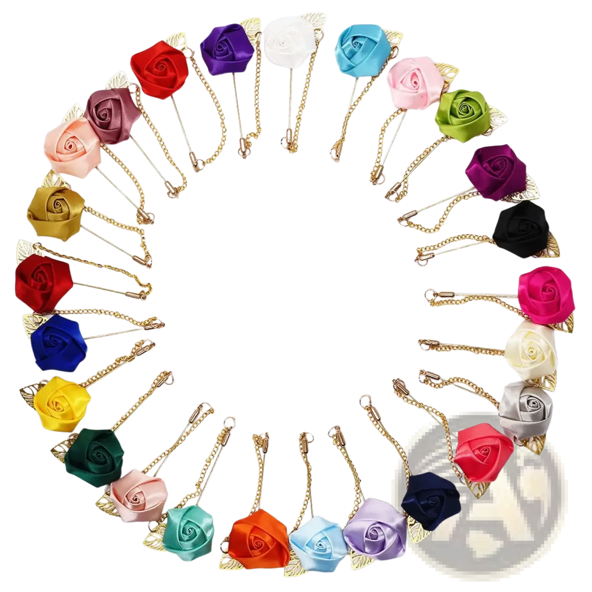 A collection of colorful satin rose pin brooches with gold-toned chains and leaf accents including burgundy rose boutonniere