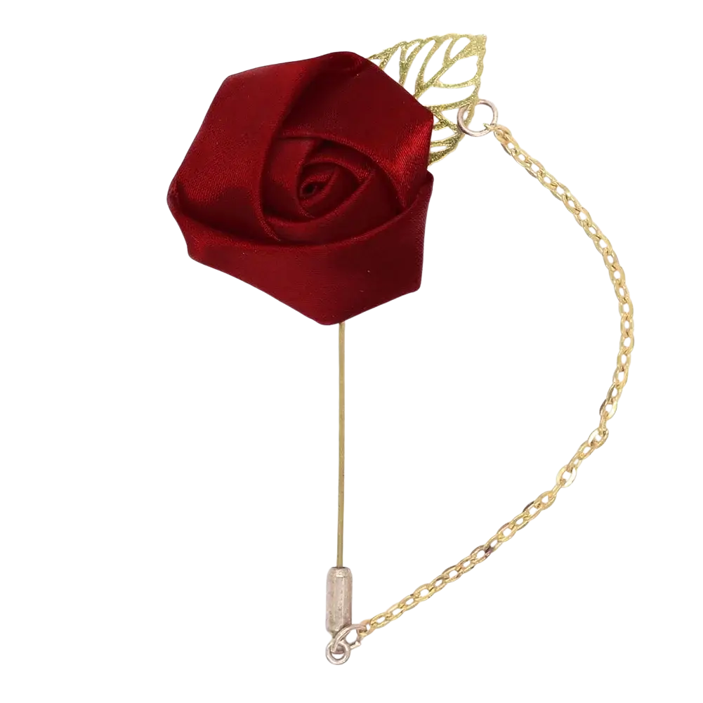 Burgundy rose boutonniere with deep red satin pin and gold-toned leaf accent featuring a chain attachment