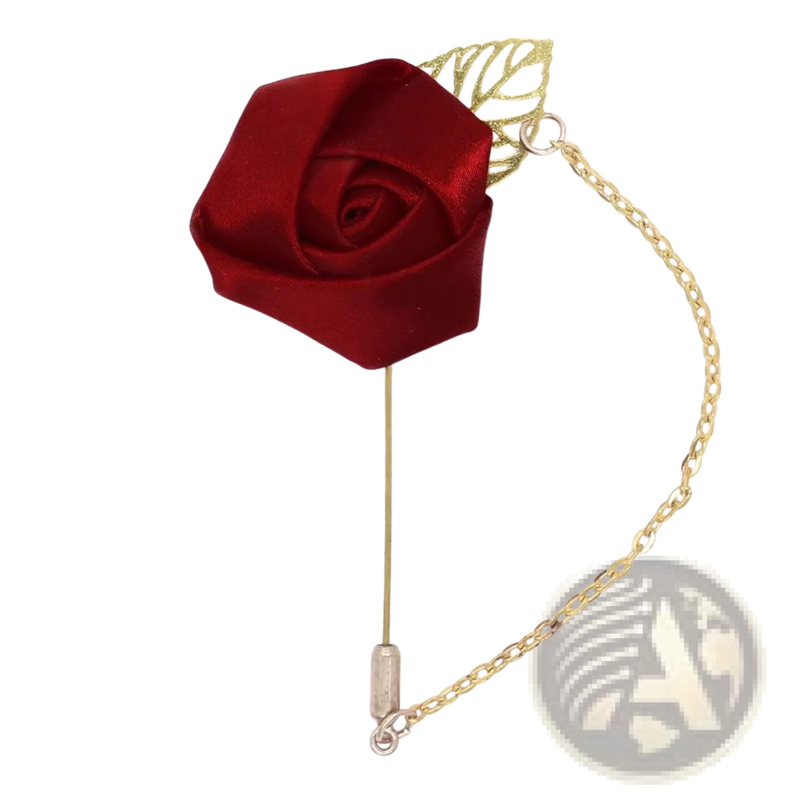 A burgundy rose boutonniere featuring a deep red satin pin with a gold-toned leaf accent and chain attachment