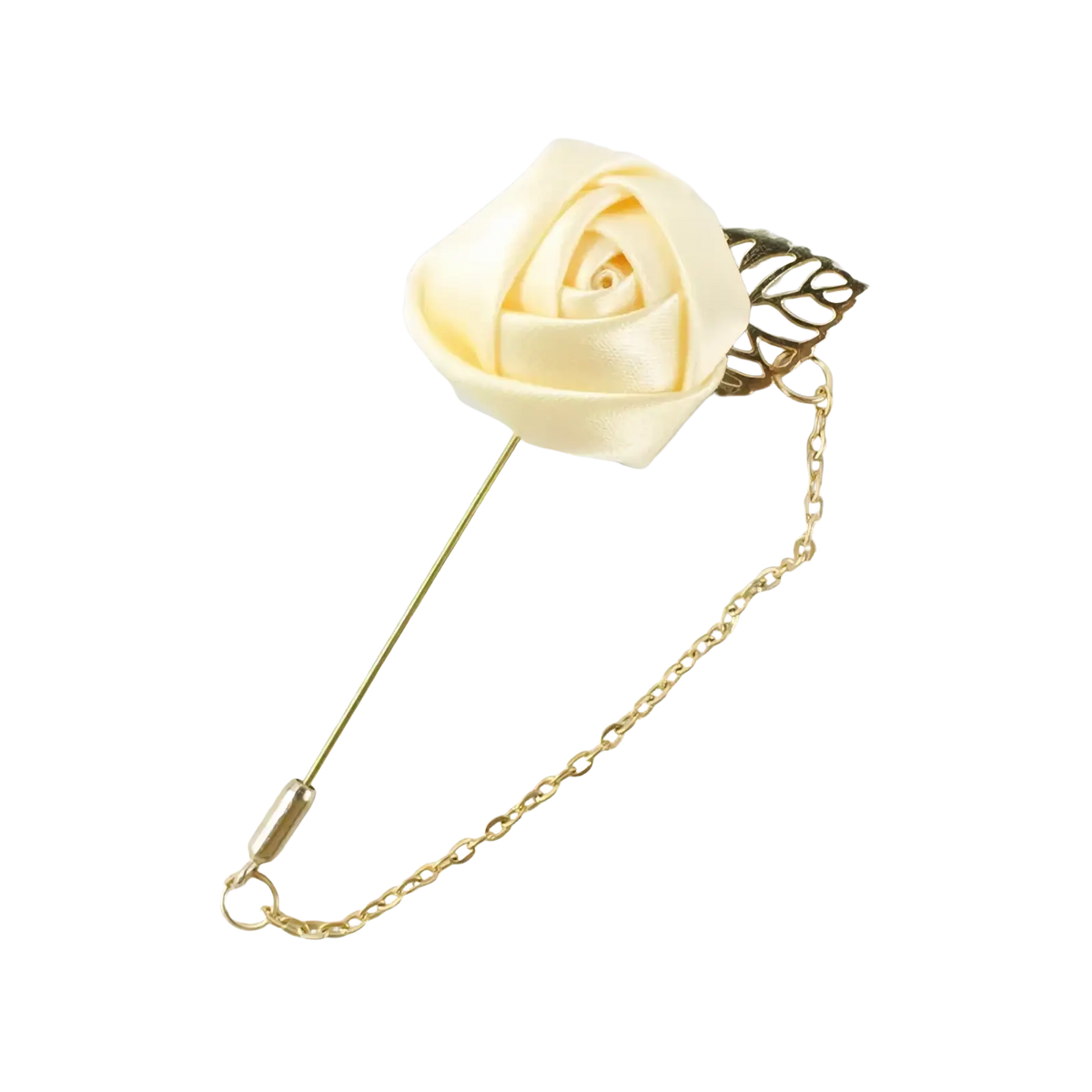 A delicate cream satin rose pin with a gold-toned metal stem and chain accented by an ornate leaf in the burgundy rose boutonniere collection