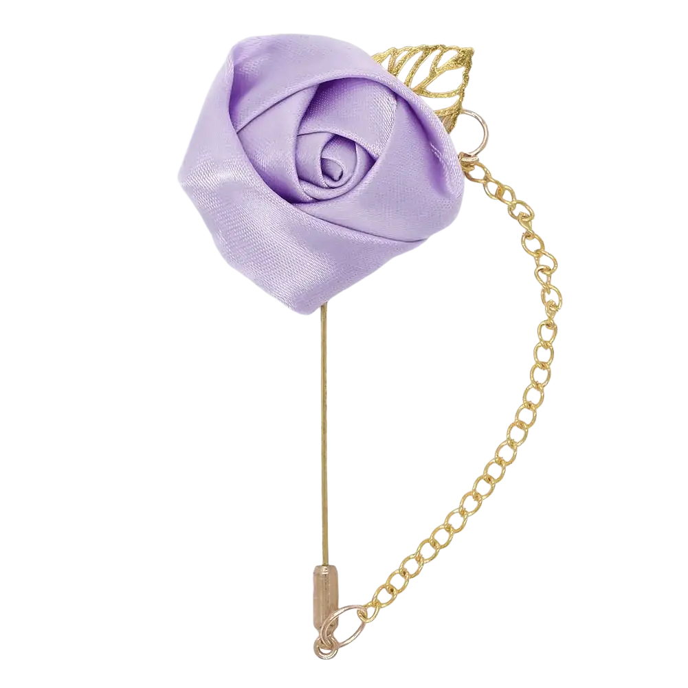 A burgundy rose boutonniere featuring a delicate lavender satin rose pin with gold-toned leaf accent and chain