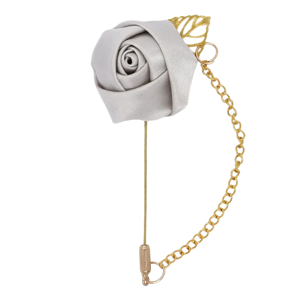 Silver satin rose lapel pin with gold-tone chain and leaf accent for burgundy rose boutonniere accessory