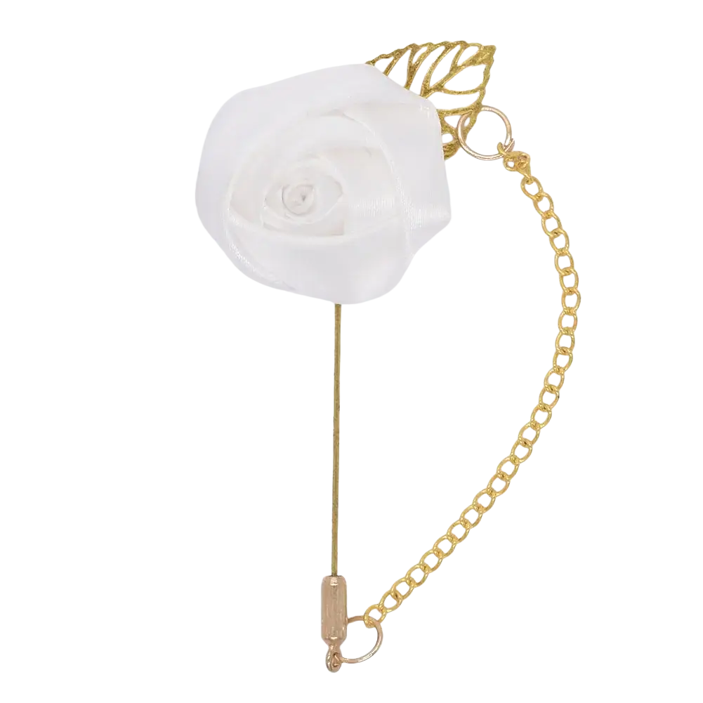 A delicate white fabric rose pin with gold-tone metal chain and leaf accent for a burgundy rose boutonniere
