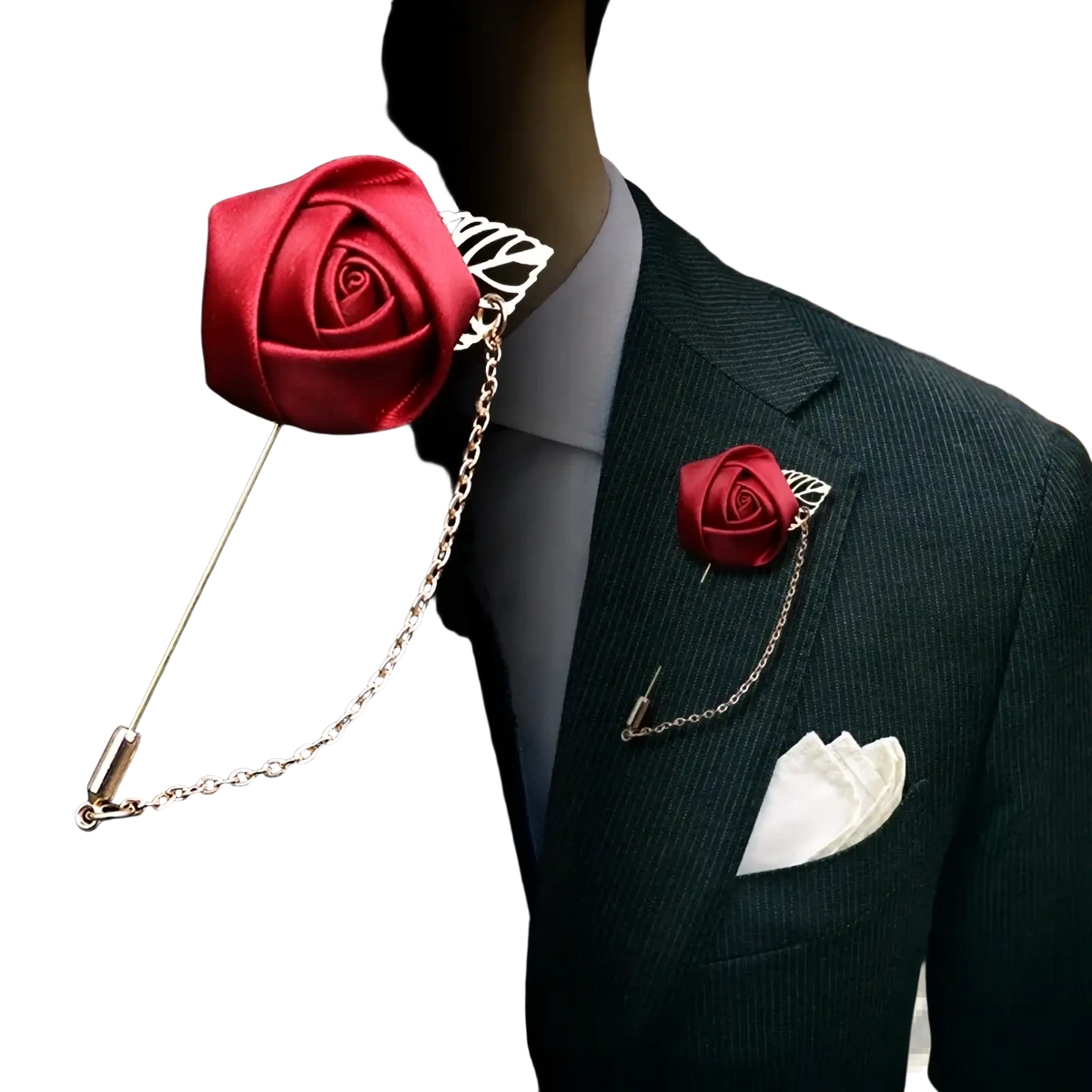 Burgundy rose boutonniere featuring an elegant crimson satin rose with gold-toned chain and leaf accent