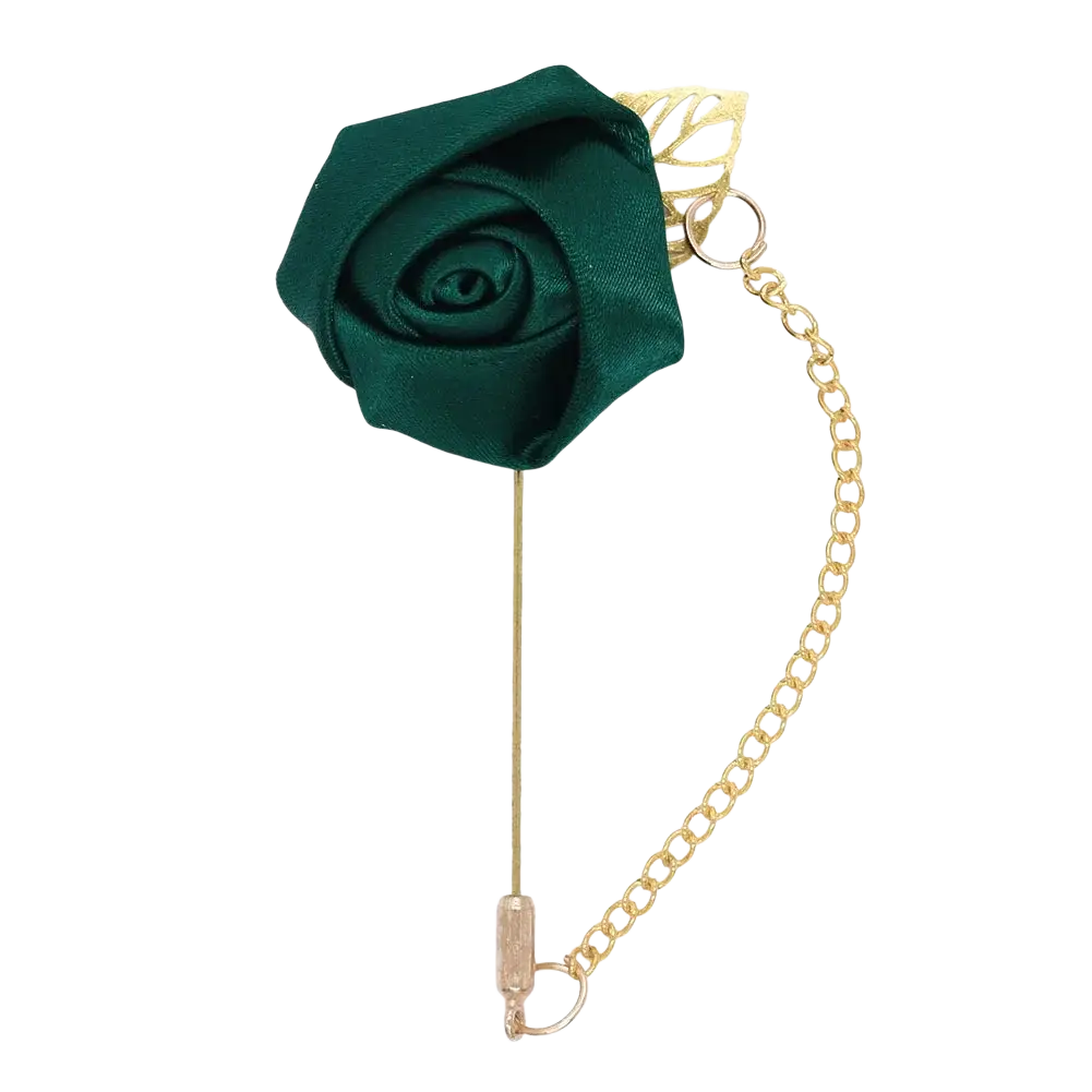 Elegant burgundy rose boutonniere with emerald green satin lapel pin and gold-toned chain and leaf accent