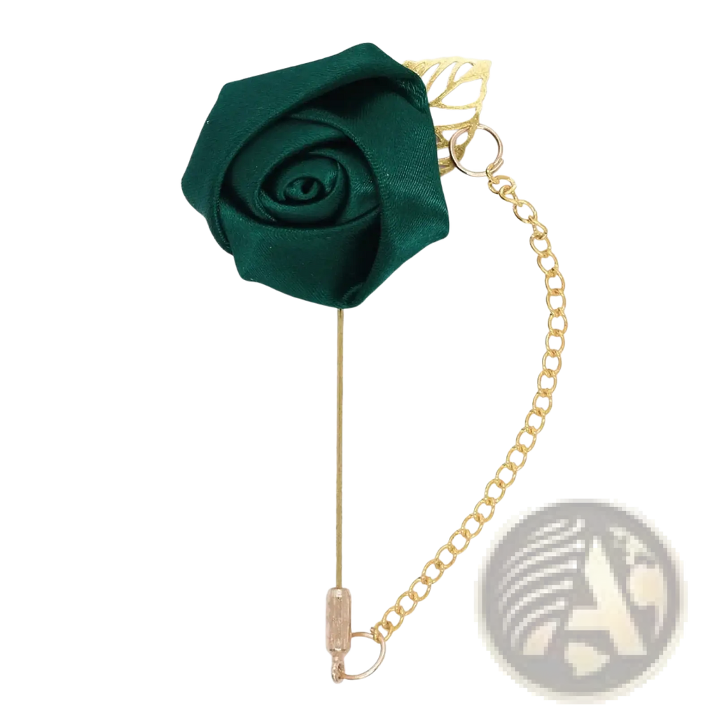 Elegant burgundy rose boutonniere with emerald green satin lapel pin and gold-toned chain and leaf accent