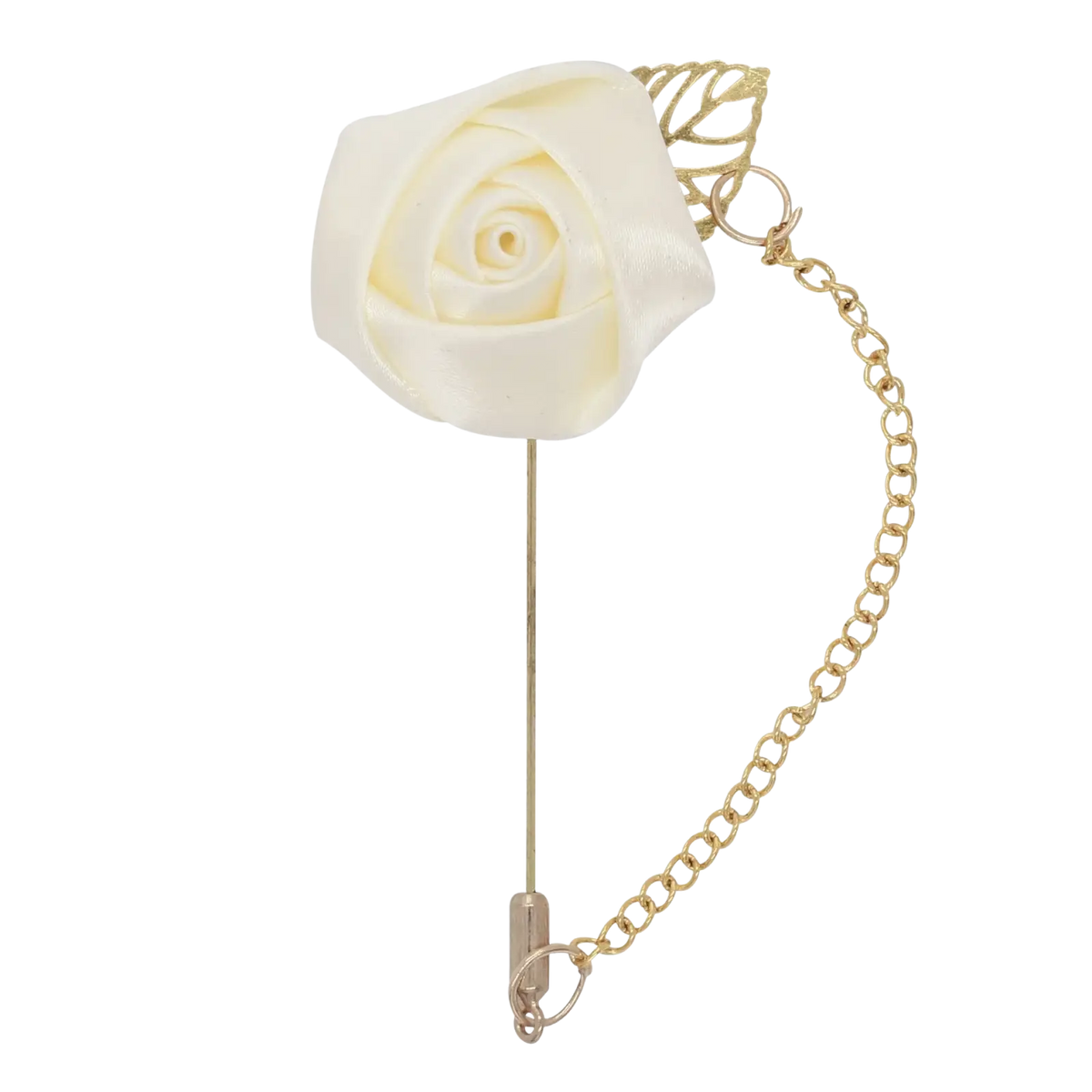 Burgundy rose boutonniere with elegant ivory satin rose lapel pin and gold-tone metal chain with leaf accent