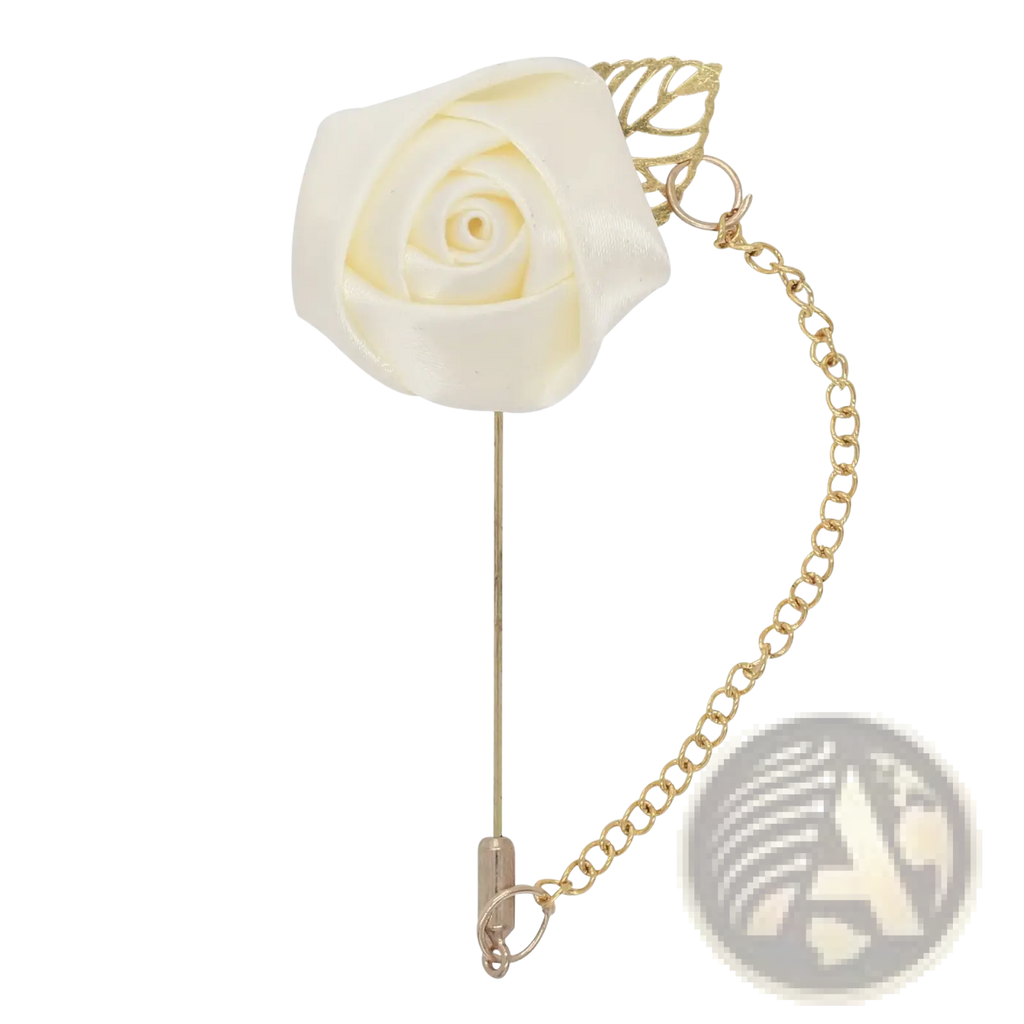 Burgundy rose boutonniere with elegant ivory satin rose lapel pin and gold-tone metal chain with leaf accent