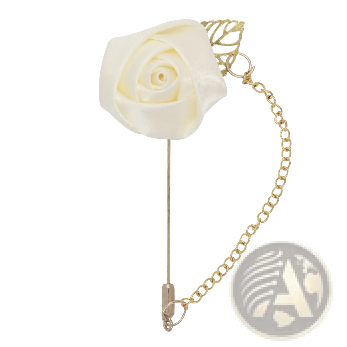 Burgundy rose boutonniere with elegant ivory satin rose lapel pin and gold-tone metal chain with leaf accent