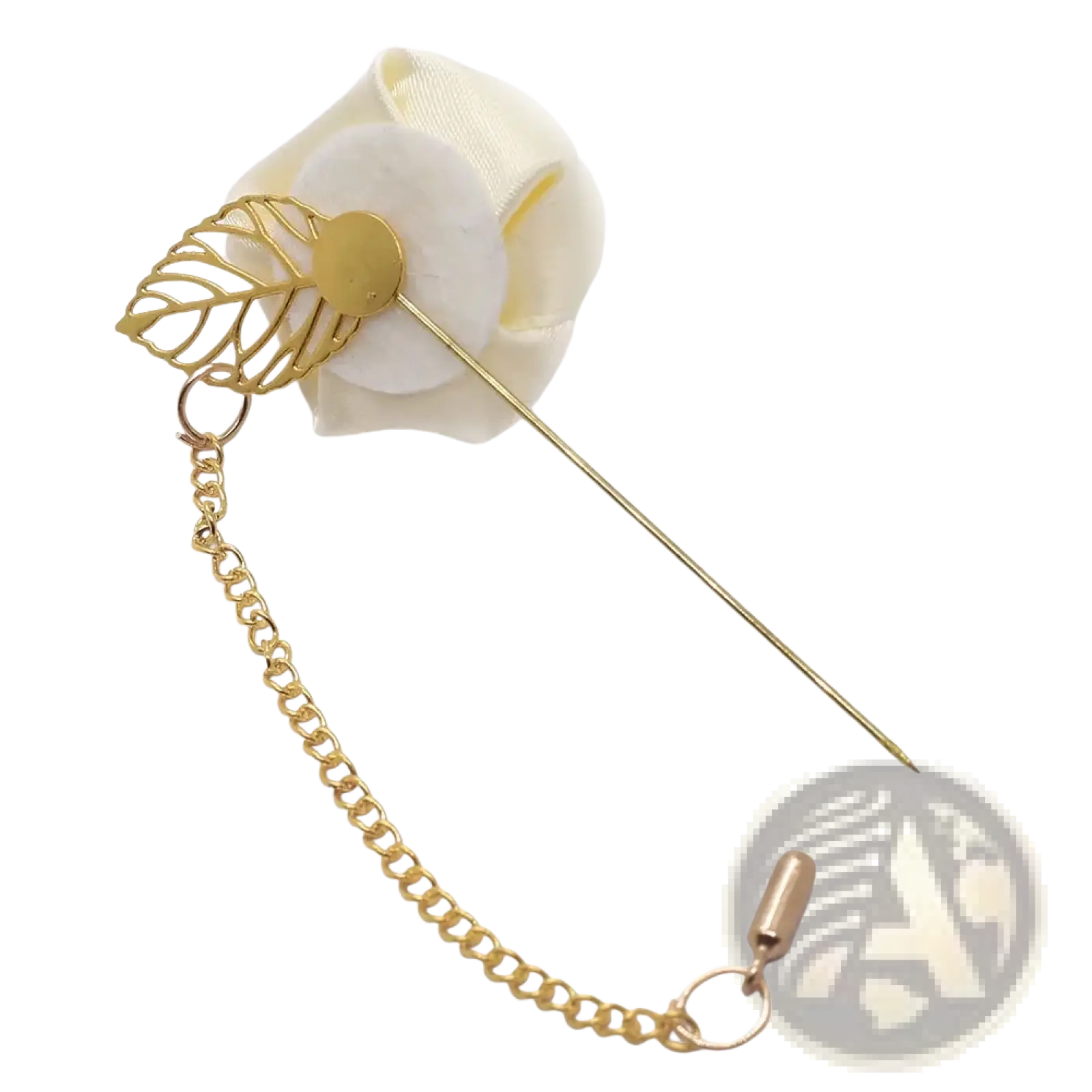 Burgundy rose boutonniere featuring a cream fabric flower with gold leaf pin and attached gold chain clasp