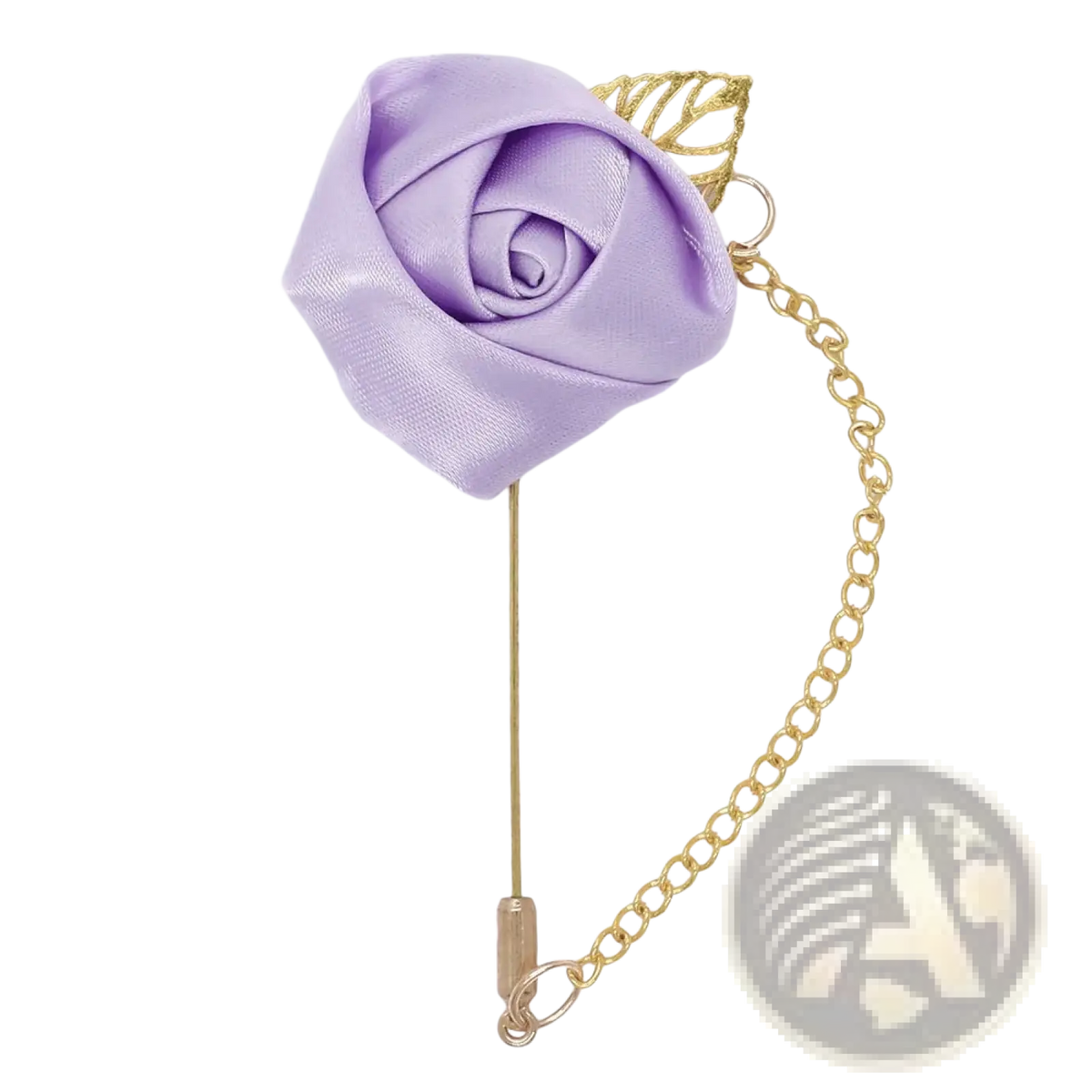 A burgundy rose boutonniere featuring a delicate lavender satin rose pin with gold-toned leaf accent and chain