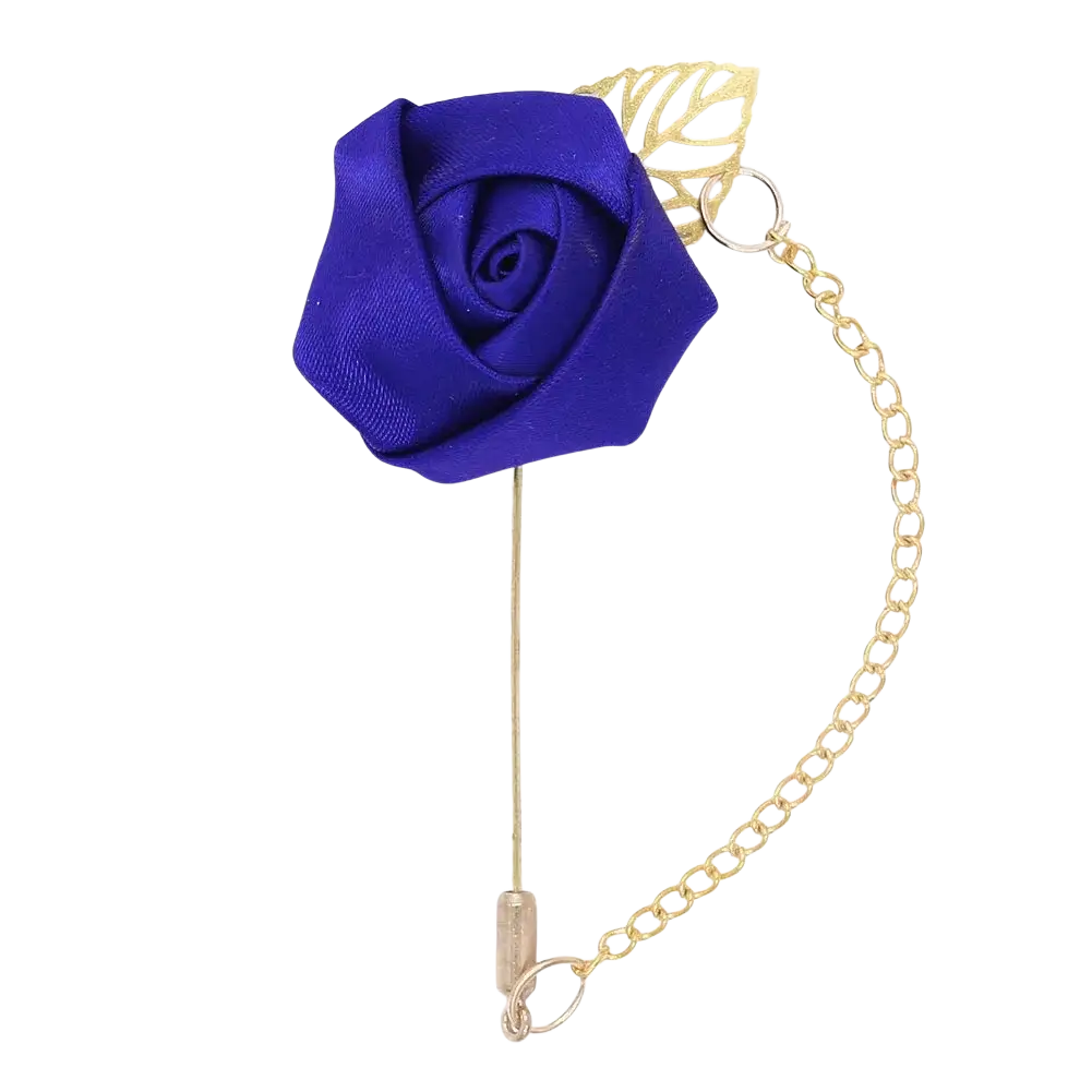 A vibrant royal blue satin rose pin with gold-toned leaf accent and chain in a burgundy rose boutonniere design