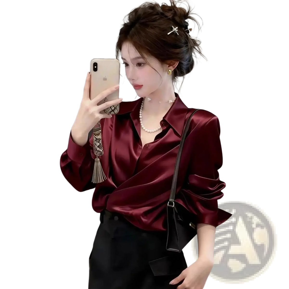 Burgundy satin blouse with classic collar and ruffled sleeves long sleeve workwear top