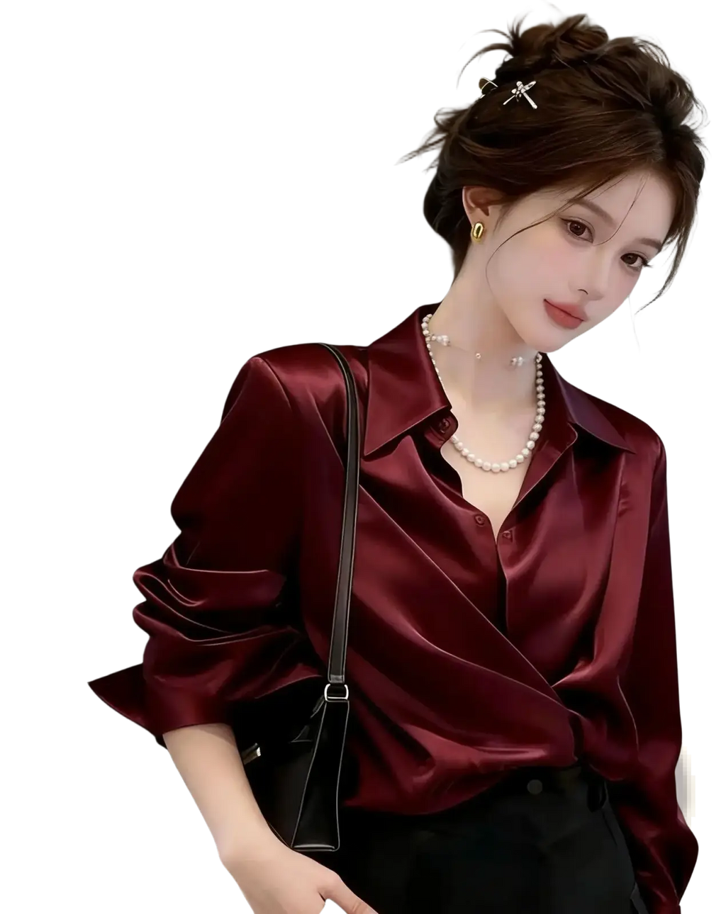 A rich burgundy satin blouse with a classic collar and three quarter sleeves for long sleeve workwear