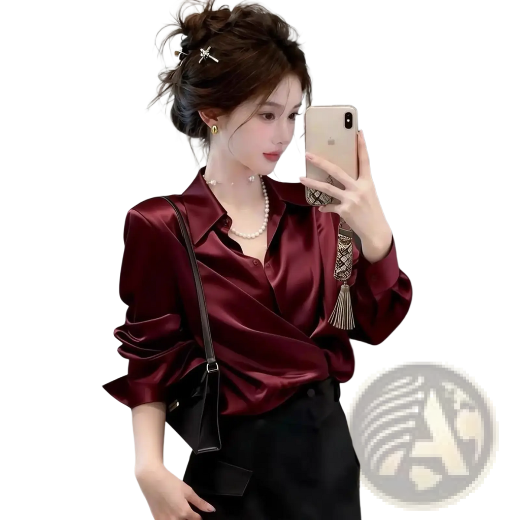 Burgundy satin blouse with puffed sleeves and classic collar long sleeve workwear top