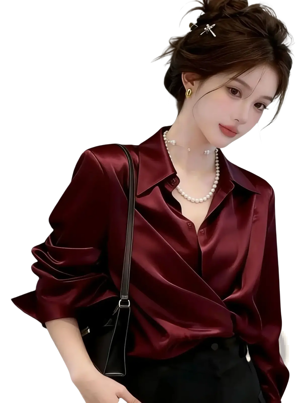 A rich burgundy satin blouse with a classic collar and button-down front for long sleeve workwear