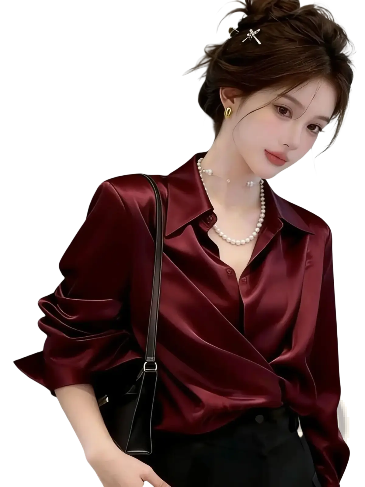 A rich burgundy satin blouse with a classic collar and button-down front for long sleeve workwear
