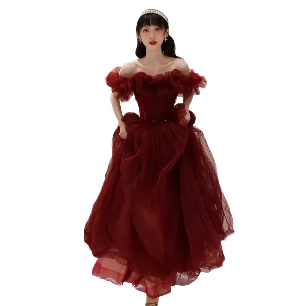 A flowing burgundy off-the-shoulder prom ball gown with a fitted bodice and voluminous tulle skirt