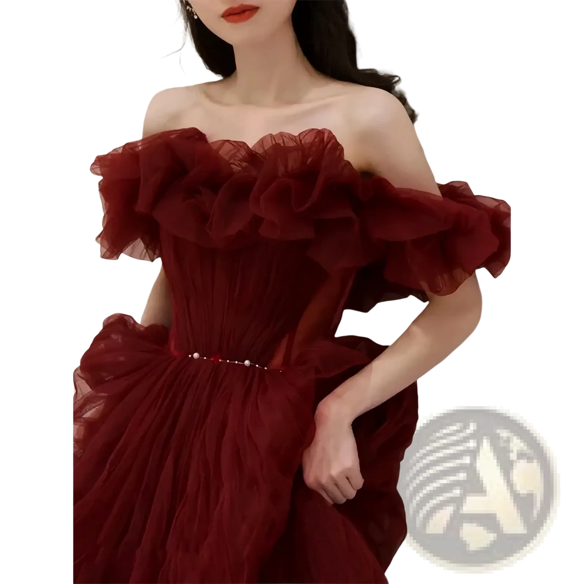 Burgundy off shoulder tulle prom ball gown with deep red layered ruffles and a beaded waistband