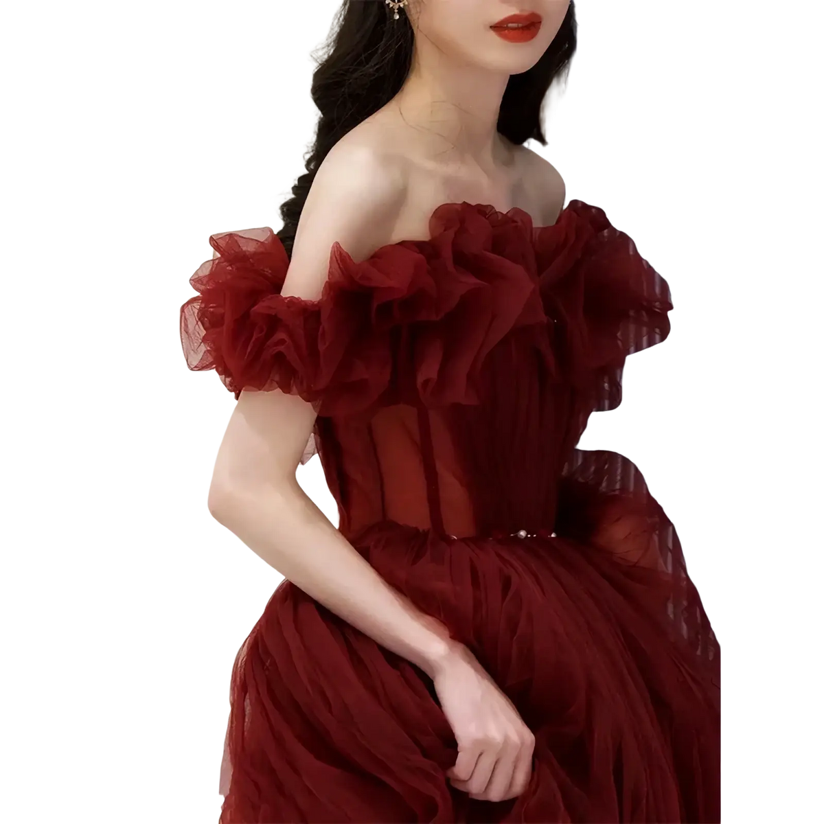 A deep red off the shoulder tulle prom ball gown with a fitted bodice and voluminous skirt