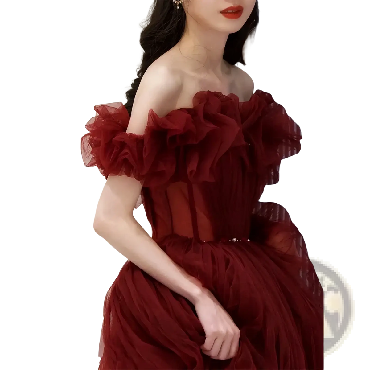 A deep red off the shoulder tulle prom ball gown with a fitted bodice and voluminous skirt