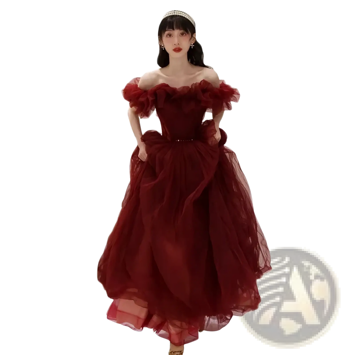 A flowing burgundy off-the-shoulder prom ball gown with a fitted bodice and voluminous tulle skirt