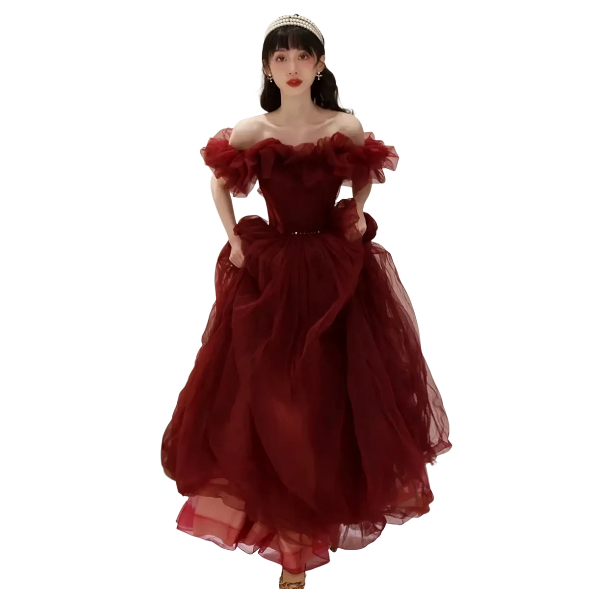 Burgundy off shoulder tulle prom ball gown with voluminous skirt and fitted bodice featuring ruffled sleeves