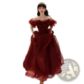 Burgundy off shoulder tulle prom ball gown with voluminous skirt and fitted bodice featuring ruffled sleeves
