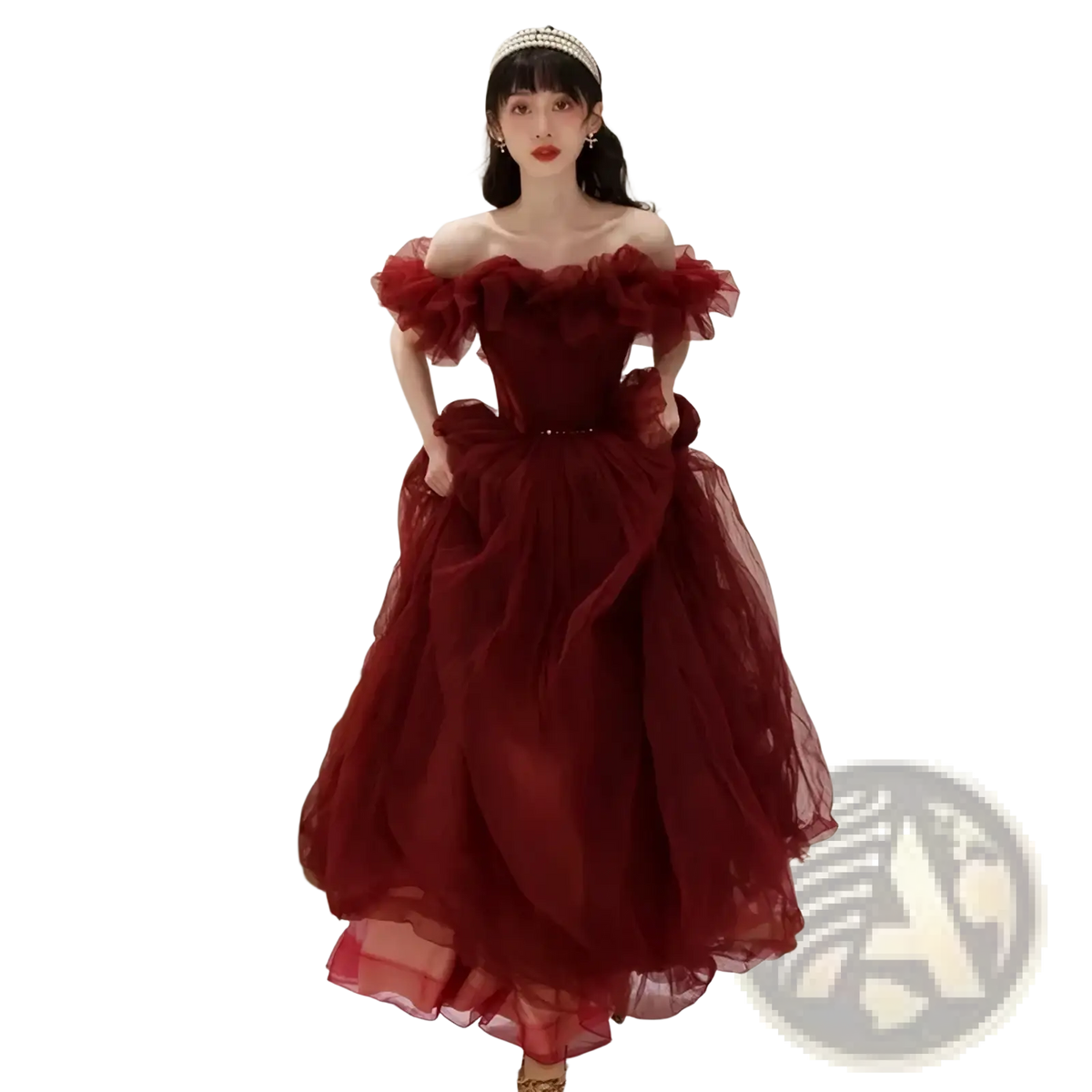 Burgundy off shoulder tulle prom ball gown with voluminous skirt and fitted bodice featuring ruffled sleeves