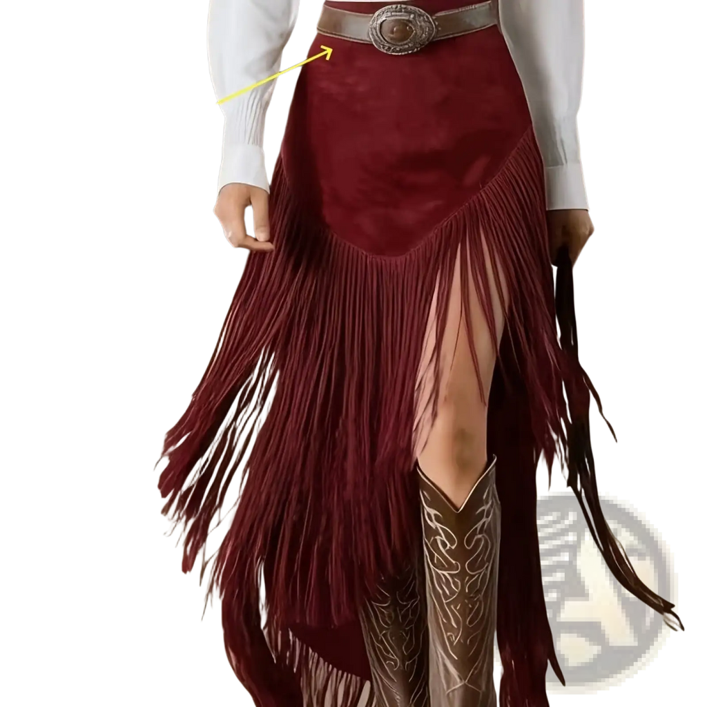 Burgundy velvet fringe western asymmetrical skirt in suede with high slit and decorative silver toned belt buckle