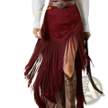 Burgundy velvet fringe western asymmetrical skirt in suede with high slit and decorative silver toned belt buckle