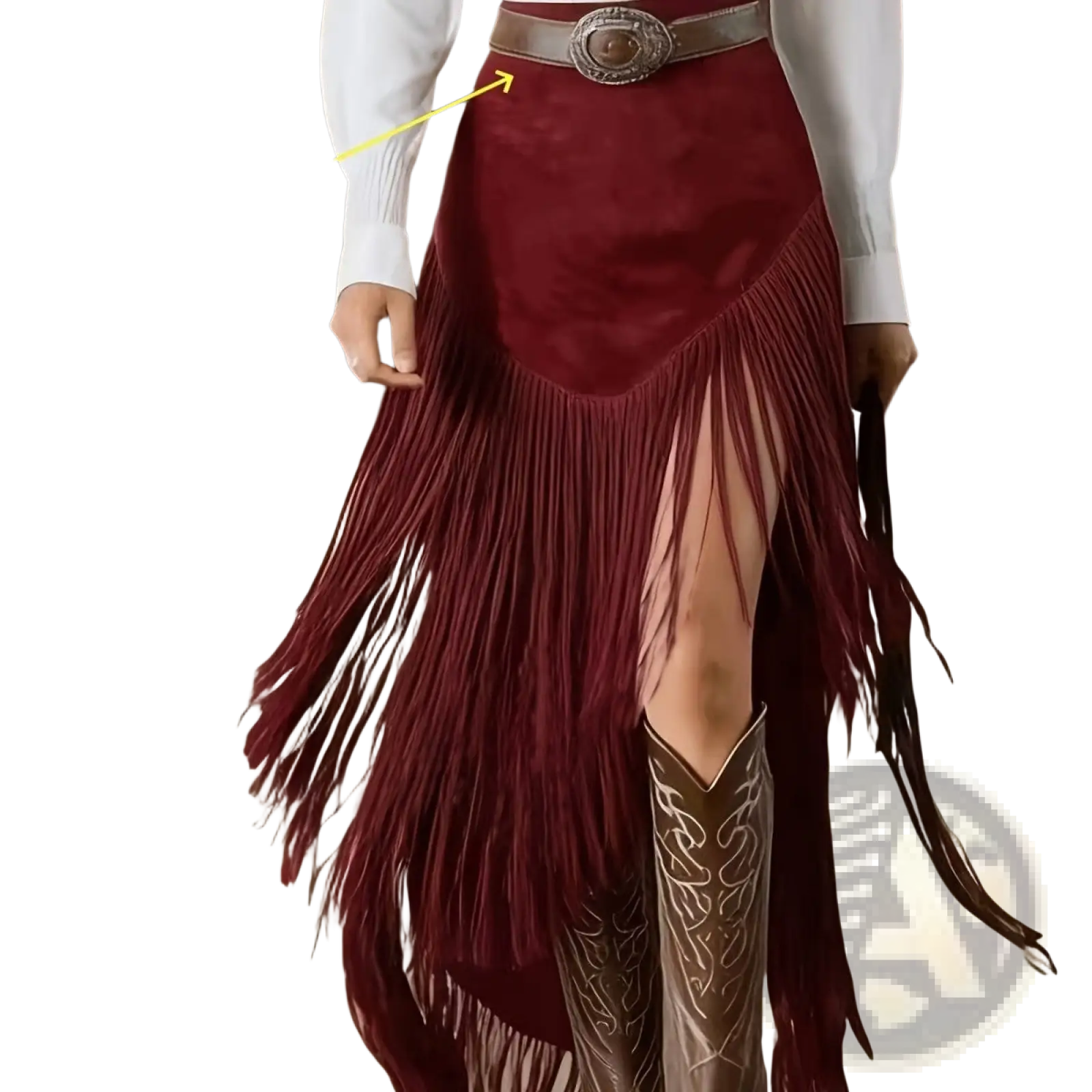 Burgundy velvet fringe western asymmetrical skirt in suede with high slit and decorative silver toned belt buckle