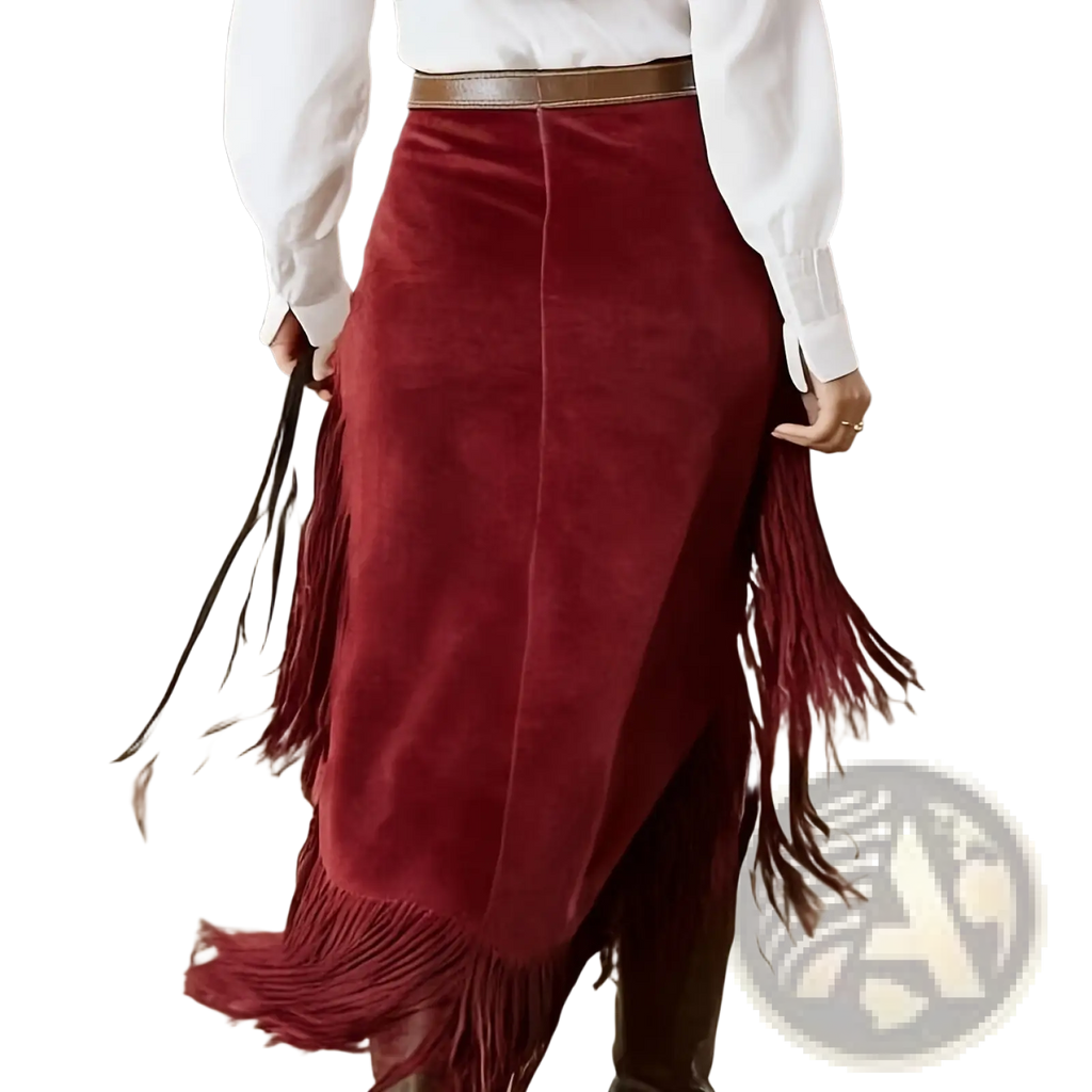 Burgundy velvet western asymmetrical skirt with long flowing fringe detailing along hem and sides