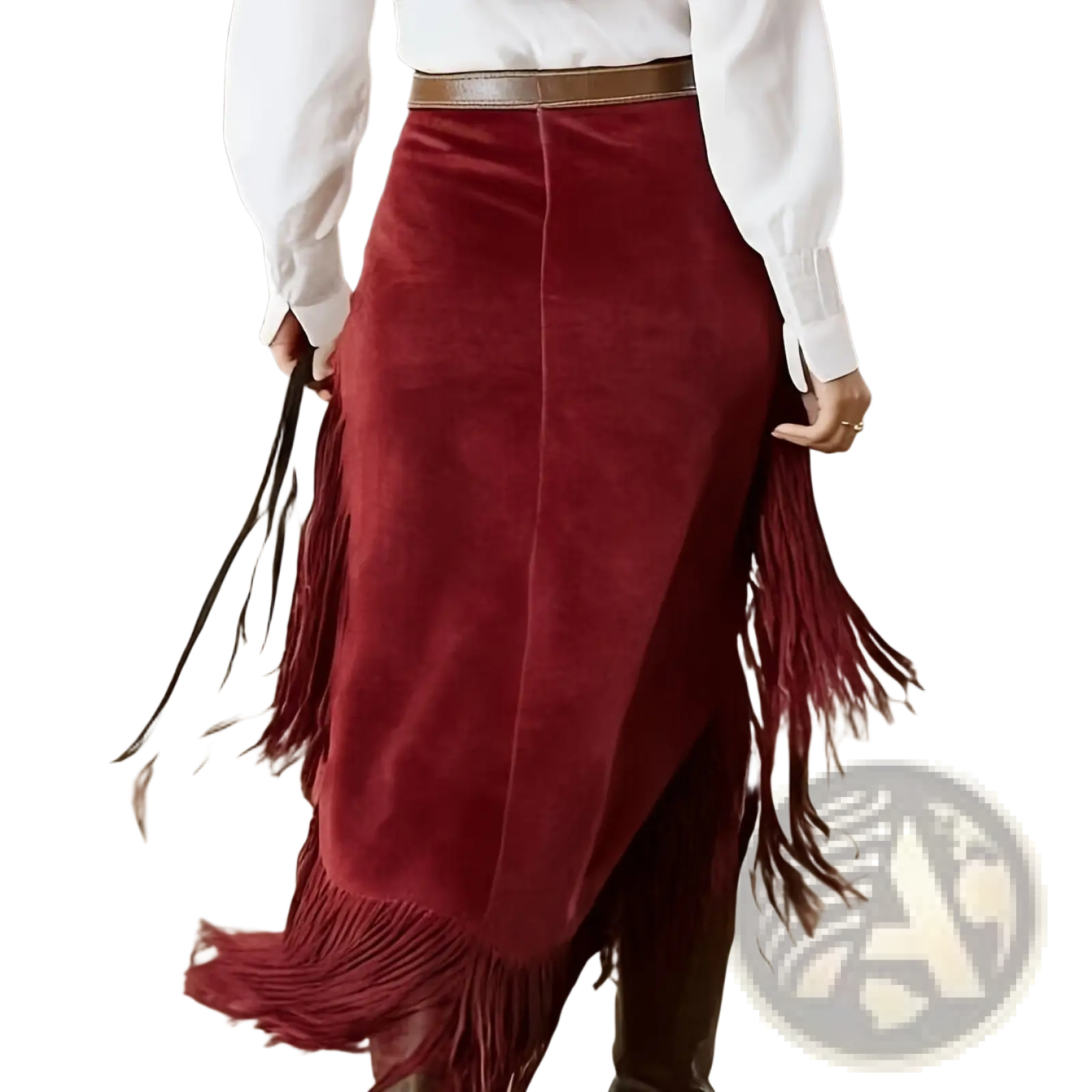 Burgundy velvet western asymmetrical skirt with long flowing fringe detailing along hem and sides
