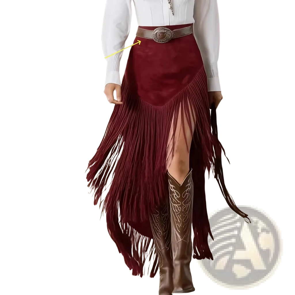 A burgundy velvet fringe western asymmetrical skirt made of maroon suede with a high slit and decorative belt buckle