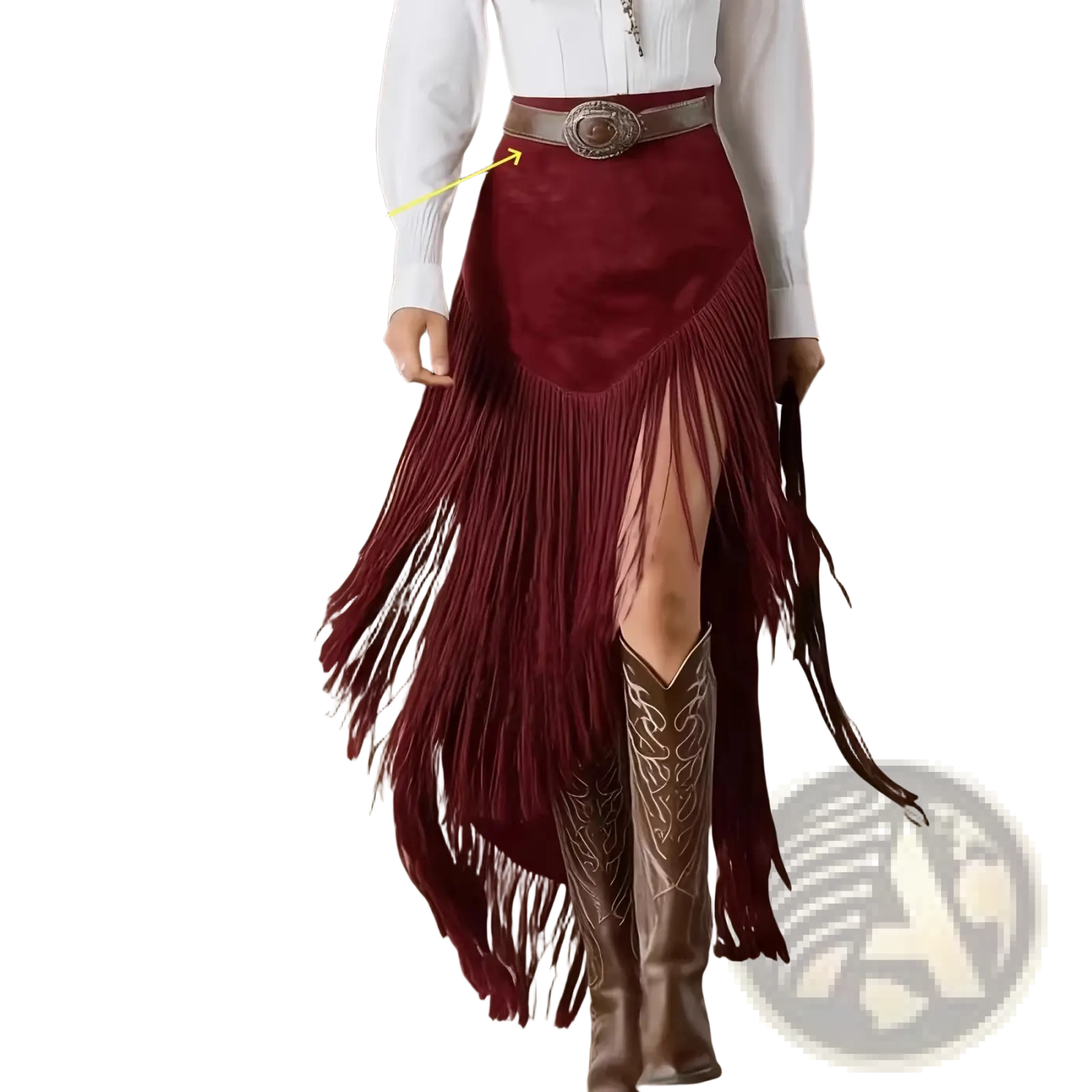 A burgundy velvet fringe western asymmetrical skirt made of maroon suede with a high slit and decorative belt buckle
