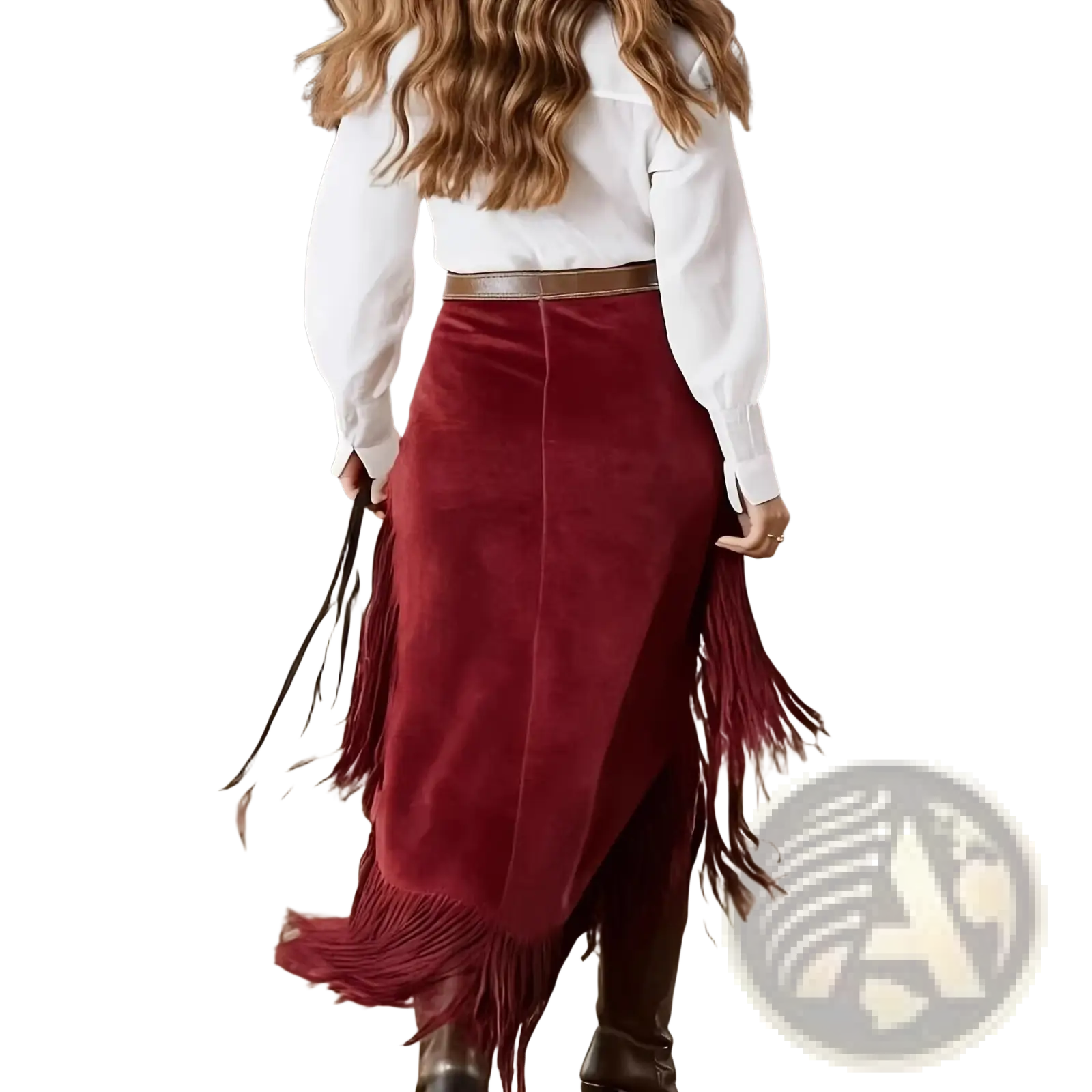 Burgundy velvet midi skirt with long flowing fringe detailing along the asymmetrical hem in western style